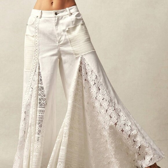 White Casual Women's Boho Bohemian Style Patchwork Mid-Waist Flare Pants - Picture 3 of 14